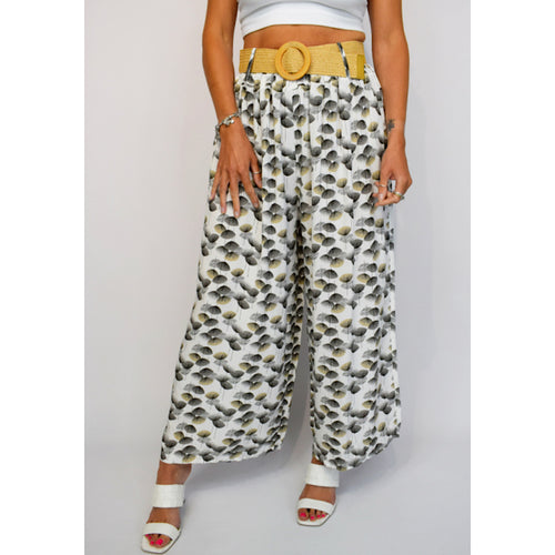 Black Shell Print Belt Viscose Trousers