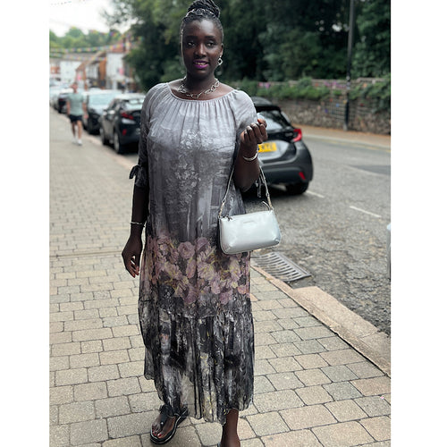 Pretty & Elegant Grey Delicate Silk Floral Maxi Dress