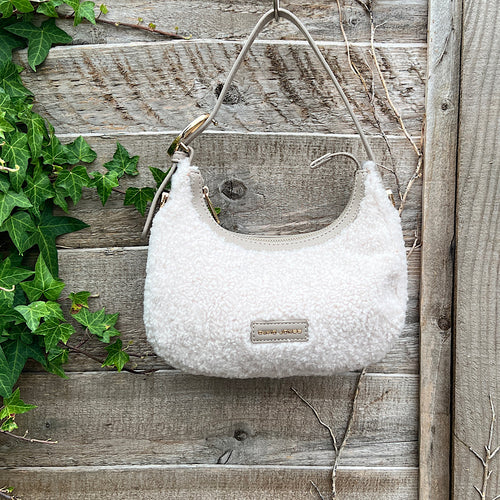Small Beige Faux Fur Scoop Shoulder Bag