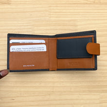 Load image into Gallery viewer, Gents Navy &amp; Tan Soft Leather RFID Wallet with Tab By &#39;Zen&#39; (open)
