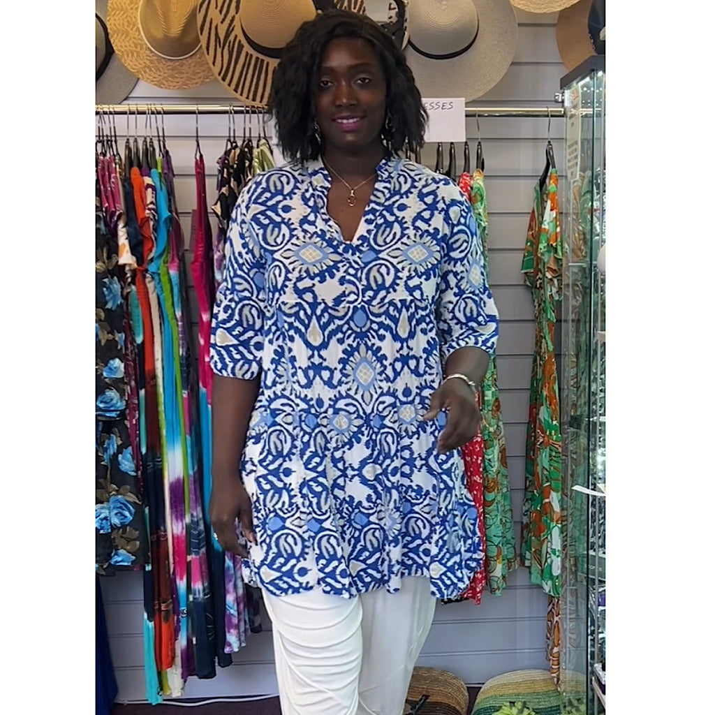 Turquoise & White Aztec Print Cotton Smock Dress