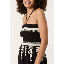 Load image into Gallery viewer, Black Paisley Print Shirred Halter Neck Jumpsuit (close up)
