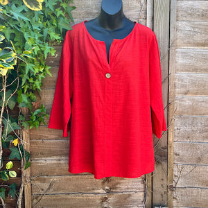Plain Red V-Neck Cotton Top with Button Detail