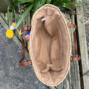 Woven Tan Bucket Beach Bag (open)