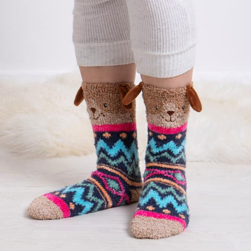 Novelty Dog Design Ladies Slipper Socks (on model)