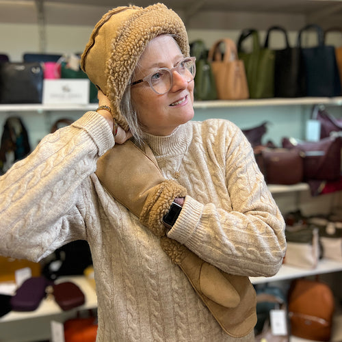 Ladies Camel Reversible Sherpa Bucket Hat (modelled with matching mittens)