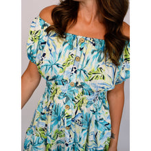Load image into Gallery viewer, Bardot Midi Dress with Pockets | Aqua Vibrant Multi Leaf (close up)
