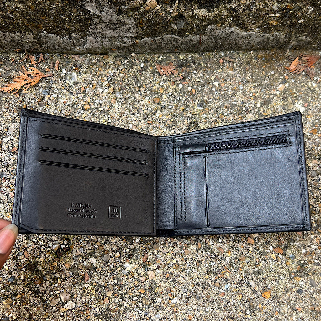 Black Italian Leather Wallet with Coin Pocket by Katana Card Slots