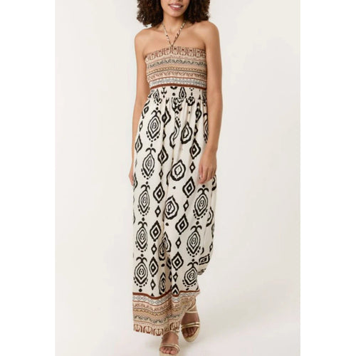 Tribal Print Halter Neck Shirring Jumpsuit