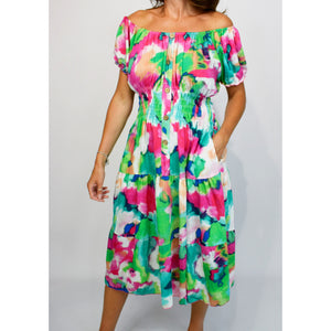 Bardot Midi Dress with Pockets | Green Vibrant Colour Mix
