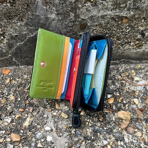 Black Tropical Small 'aka Holiday' Leather RFID Purse (open)