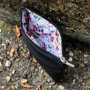 Black Soft Leather 3 Zip Coin Purse (open)