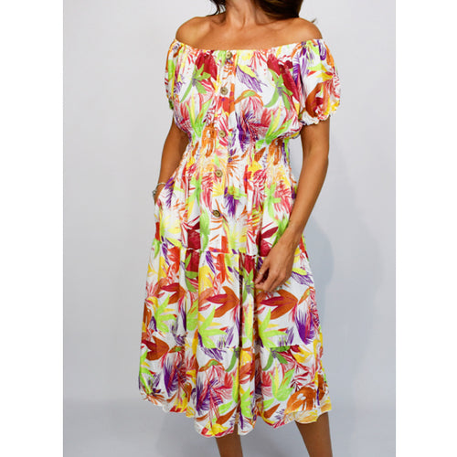 Bardot Midi Dress with Pockets | Green & Yellow Multi Coloured Leaf Print