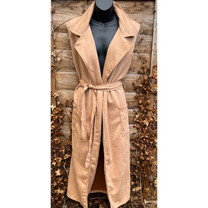 Beige Sleeveless Suedette Longline Gilet