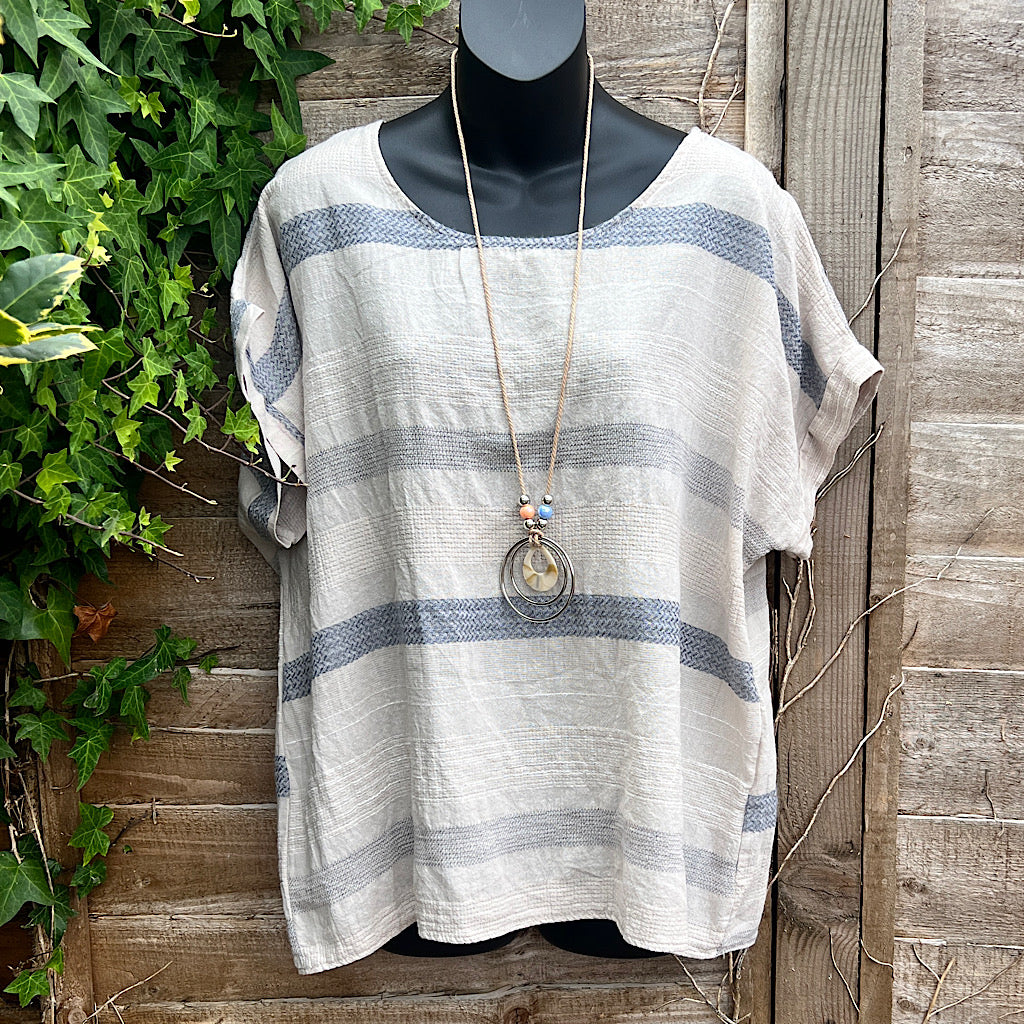 Beige Cotton Stripe Top with Necklace