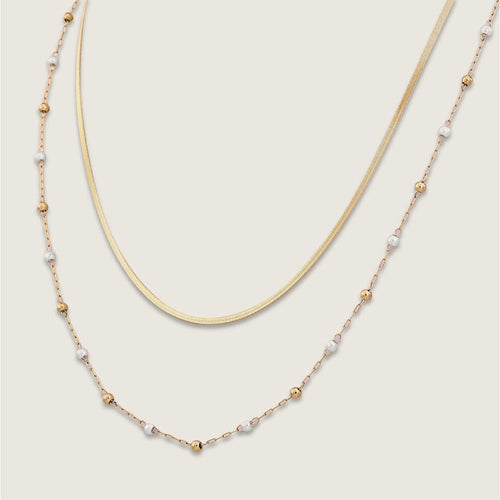 Delicate Gold Double Strand Stainless Steel Necklace with Faux Pearl (side)