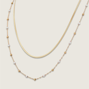 Delicate Gold Double Strand Stainless Steel Necklace with Faux Pearl (side)
