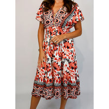 Load image into Gallery viewer, Angel Sleeve V-Neck Midi Dress with Pockets | Red Floral Border Print
