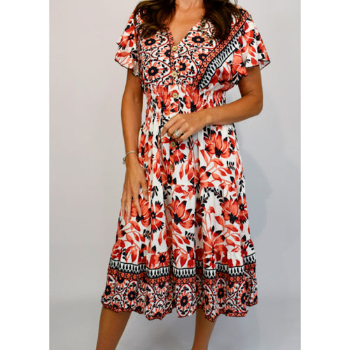 Angel Sleeve V-Neck Midi Dress with Pockets | Red Floral Border Print
