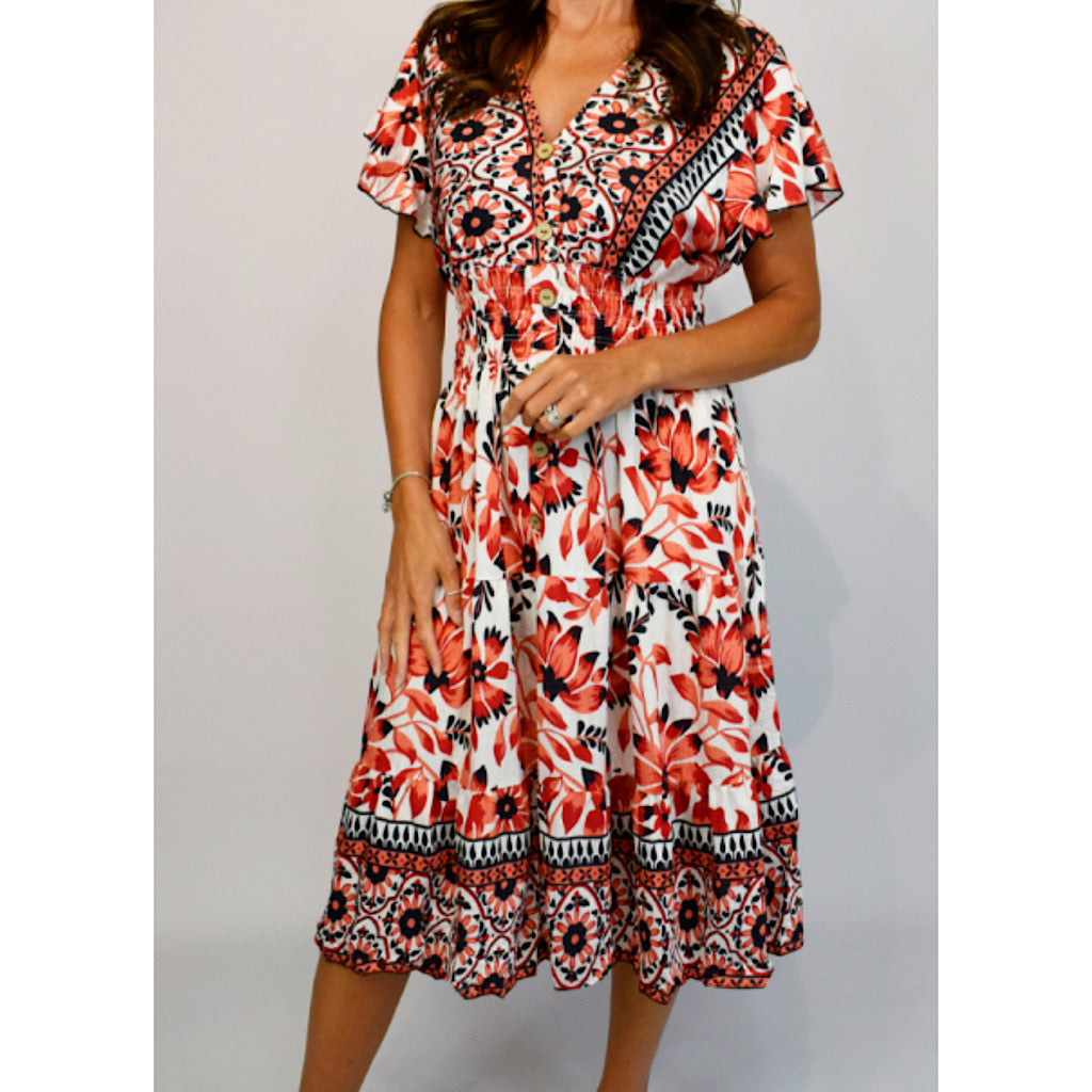 Angel Sleeve V-Neck Midi Dress with Pockets | Red Floral Border Print