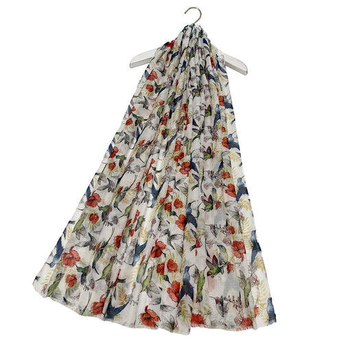 White Hummingbird & Floral Print Frayed Scarf.