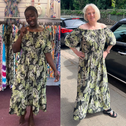 Green Leaf Print Shirred Bardot Midi Dress