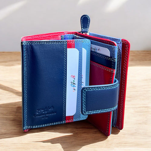 Bestseller Medium Leather RFID Purse | Sky (open)