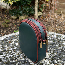Load image into Gallery viewer, Dark Green &amp; Tan Leather &#39;Poppy&#39; Oval Shaped Twin Zip Top Crossbody Bag (side/back)
