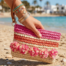 Load image into Gallery viewer, Amalfi Pom Pom Straw Clutch Bag (lifestyle)
