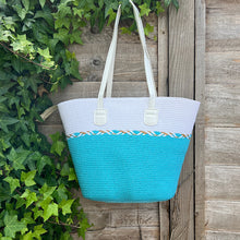 Load image into Gallery viewer, Amalfi Woven Beach Tote Bag (turquoise&amp;white)
