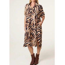 Load image into Gallery viewer, Animal Print Shimmer Shirt Midi Dress
