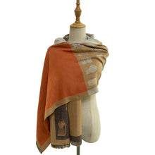 Load image into Gallery viewer, Autumn Tones Reversible Cosy Cat Parade Scarf (on model)
