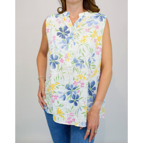 White with Pastel Coloured Flower Sleeveless Cotton Top
