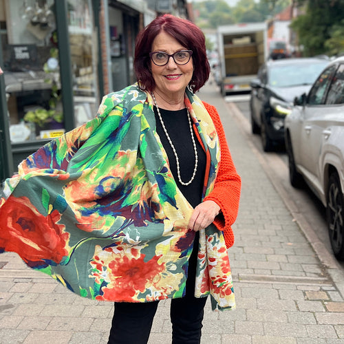 Autumn Garden Watercolour Scarf (modelled)