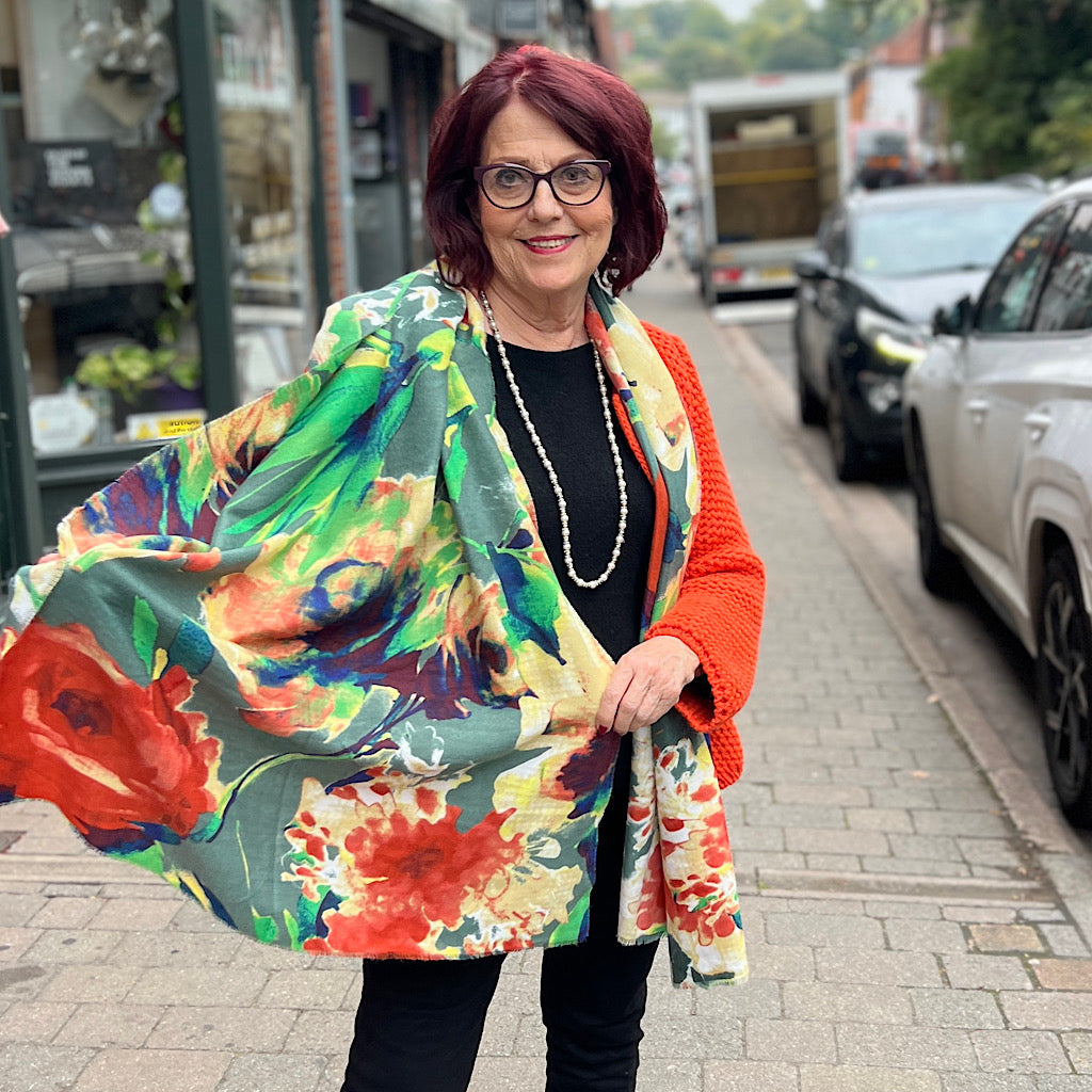 Autumn Garden Watercolour Scarf (modelled)