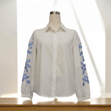 Load image into Gallery viewer, White Shirt with Blue Floral Embroidery Sleeve
