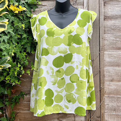 Green Spot Print Frill Sleeve V-Neck Long Top
