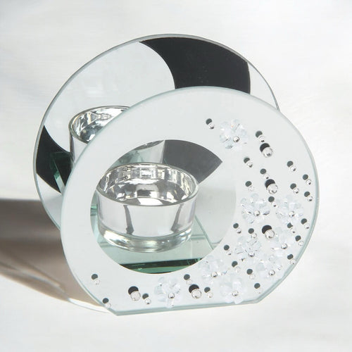 Round Mirror Glass & Crystal Single Tealight Holder