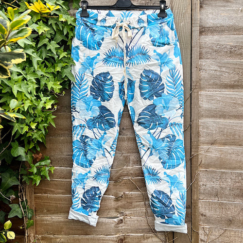 White & Blue Tropical Print Magic Trousers