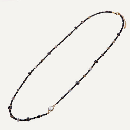 Black Semi-Precious 'Venus' Crystal & Stone Mother of Pearl Long Necklace