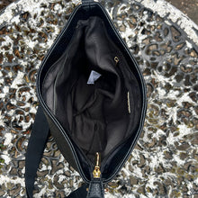 Load image into Gallery viewer, Black Front Zip Pocket Messenger Style Bag (open)
