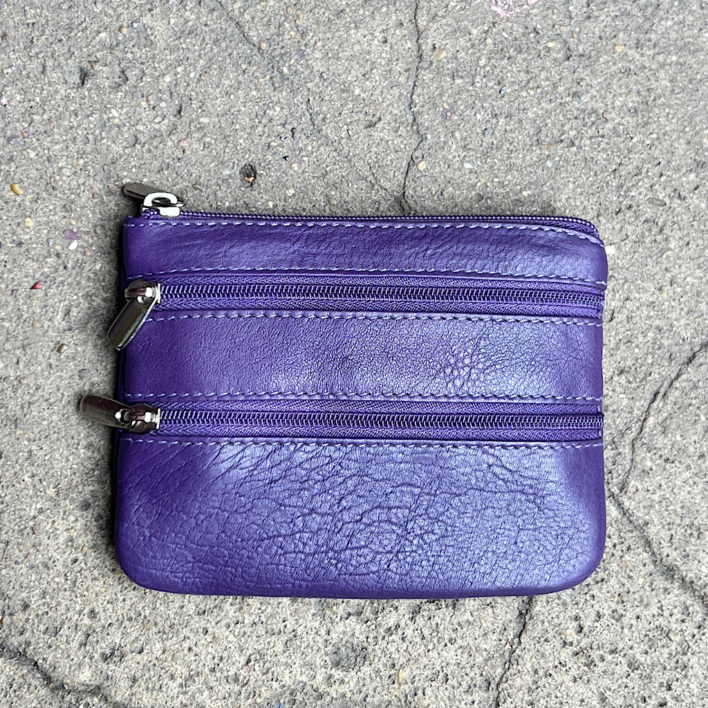 Purple Soft Leather 3 Zip Coin Purse