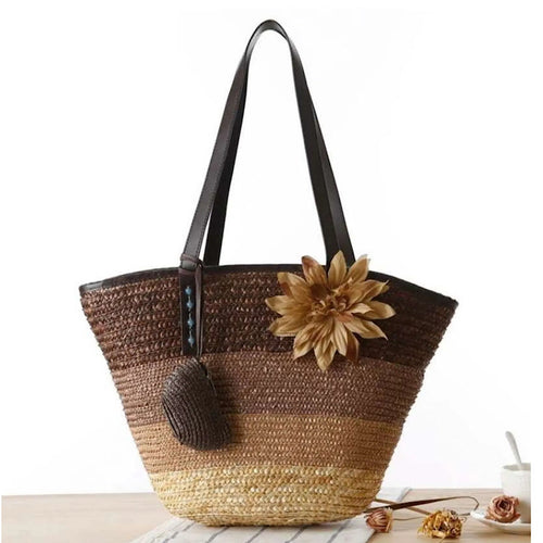 Coffee Straw Basket Bag with Flower and Free Coin Purse