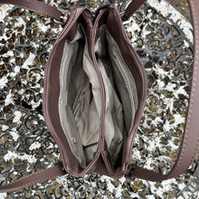 Load image into Gallery viewer, Bitter Chocolate Double Handle Hobo Style Shoulder Bag (open)
