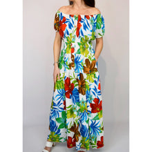 Load image into Gallery viewer, Bardot with Pockets Maxi Dress | White Tropical Print
