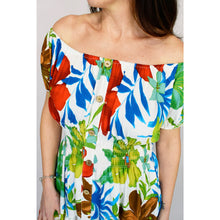 Load image into Gallery viewer, Bardot with Pockets Maxi Dress | White Tropical Print (close up)
