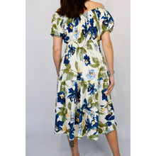 Load image into Gallery viewer, Bardot with Pockets Midi Dress | Bluebell Garden (back)
