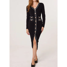 Load image into Gallery viewer, Black Contrast Trim Button Front Detail Midi Dress
