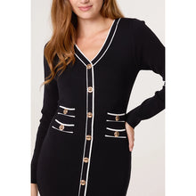 Load image into Gallery viewer, Black Contrast Trim Button Front Detail Midi Dress (close up)
