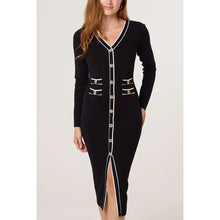 Load image into Gallery viewer, Black Contrast Trim Button Front Detail Midi Dress (front)
